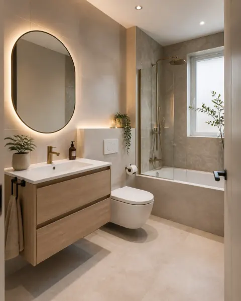 Baño contemporáneo reformado con materiales cálidos