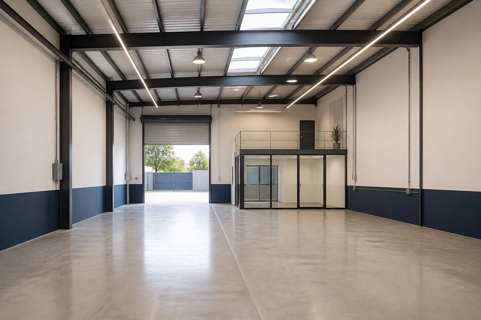Interior de nau renovada amb paviment continu, il·luminació i zona d’oficines